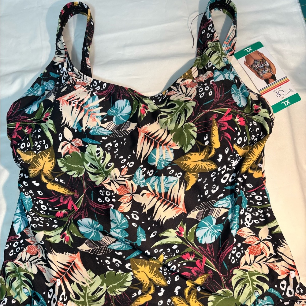 Ocean Pacific Tropical Print One-Piece Swimsuit Black Multicolor size XLarge NWT